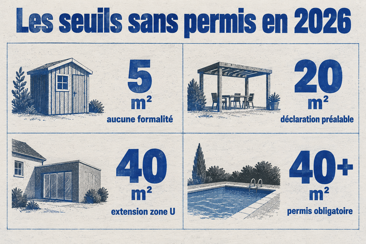 Grille de quatre blocs présentant les seuils de surface en 2026 : 5 m² sans formalité, 20 m² en déclaration préalable, 40 m² pour une extension en zone U, et au-delà de 40 m² un permis de construire.