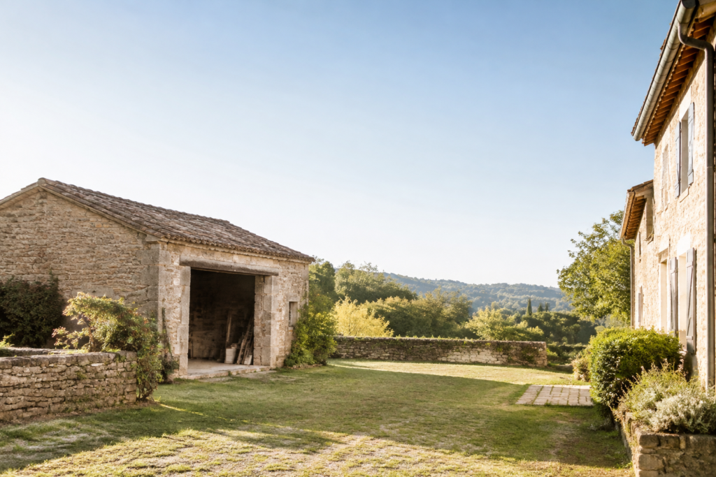 Dépendance ancienne en pierre située dans un jardin.