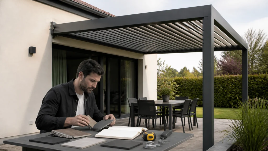 Illustration éditoriale pour l’article « Comparateur prix pergola aluminium : quel budget prévoir »
