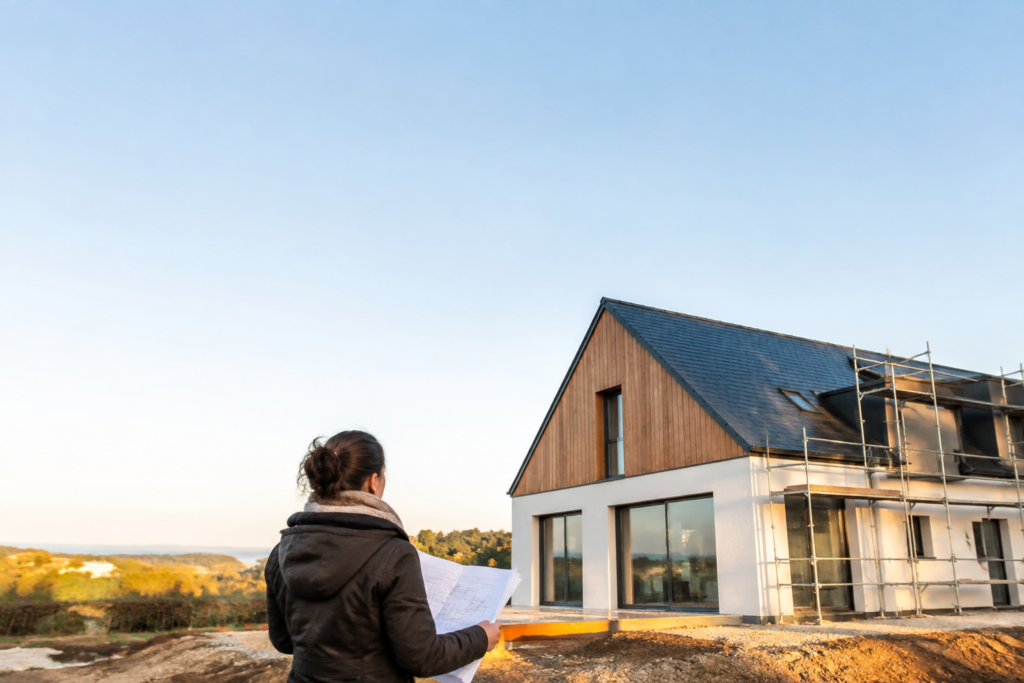 Une architecte examine les plans d'une maison en construction avec des échafaudages devant un paysage ensoleillé.