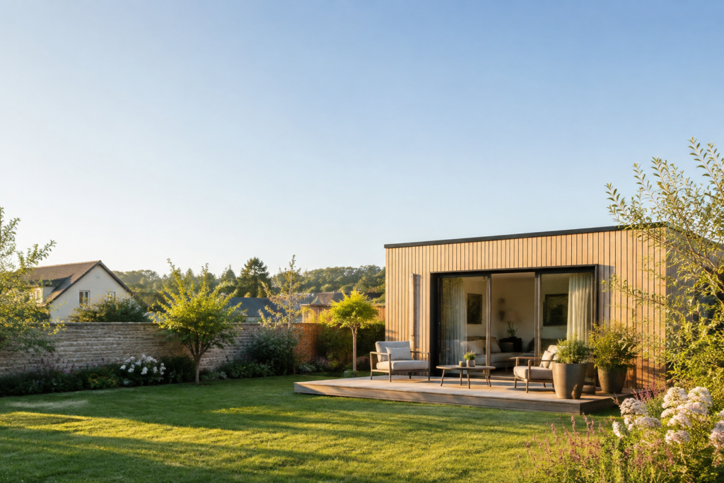 Une extension de maison moderne en bois avec une terrasse en bois et des fauteuils dans un jardin ensoleillé.
