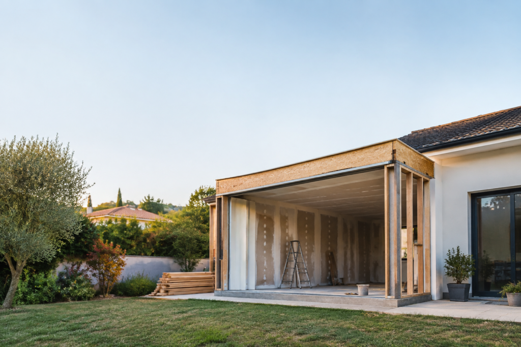 Extension de maison en ossature bois inachevée avec une échelle à l'intérieur dans un jardin ensoleillé.
