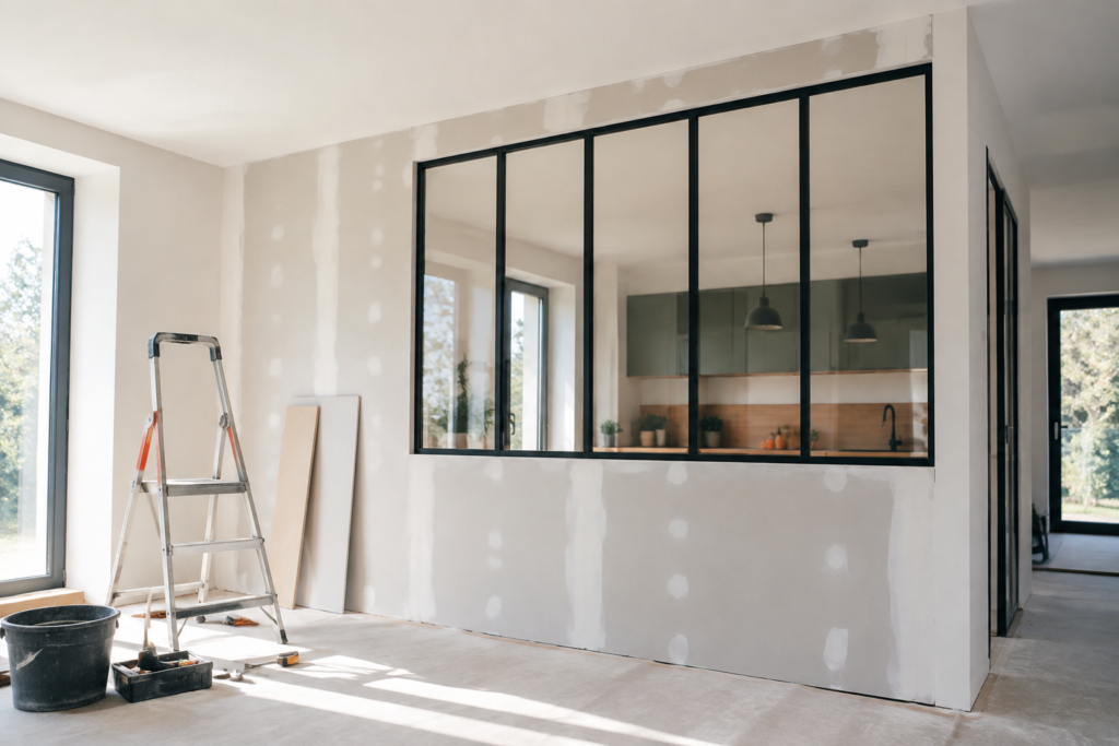 Une verrière à cadre noir installée dans une cloison en plâtre non peinte, avec une échelle et des outils au premier plan.