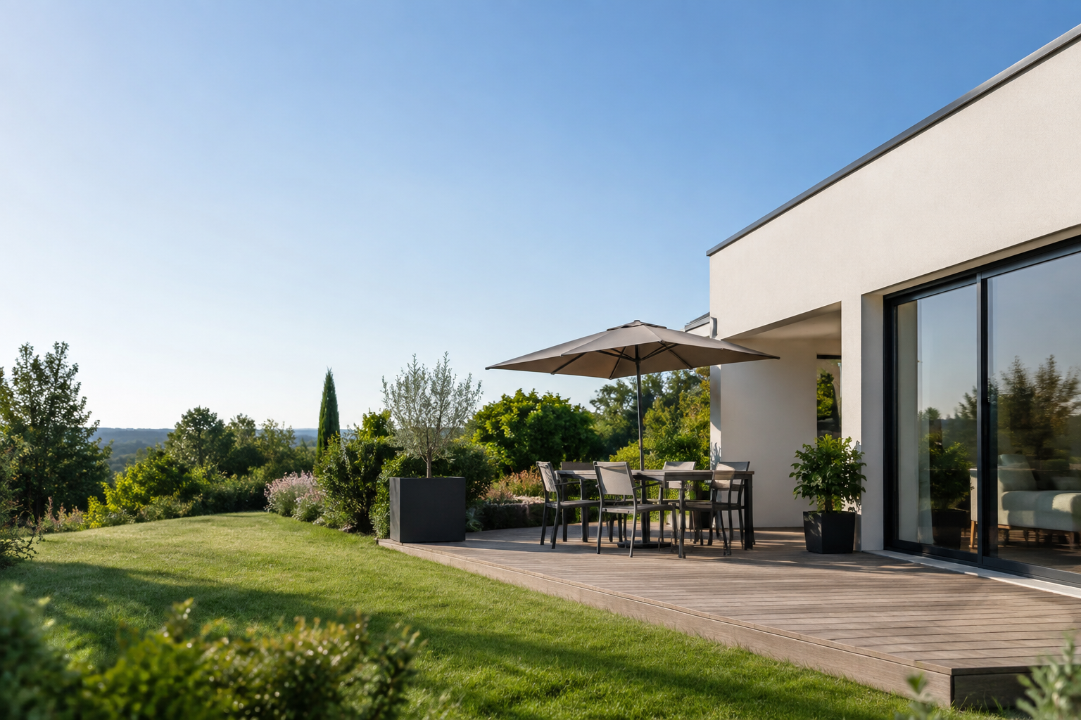 Une terrasse en bois avec salon de jardin sous un parasol, devant une maison moderne et un vaste jardin ensoleillé.