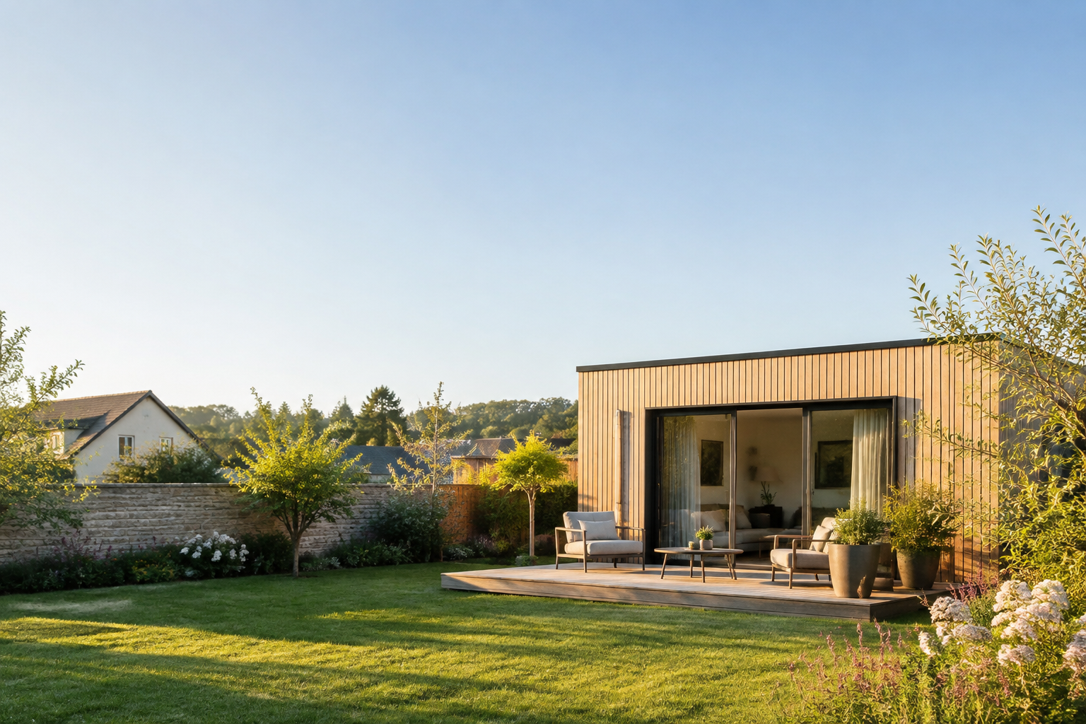 Une extension de maison moderne en bois avec une terrasse en bois et des fauteuils dans un jardin ensoleillé.