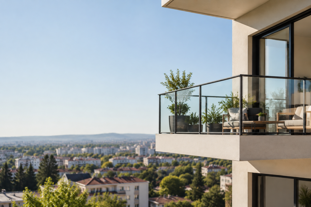 Balcon en porte-à-faux avec garde-corps vitré sur la façade d’un immeuble.