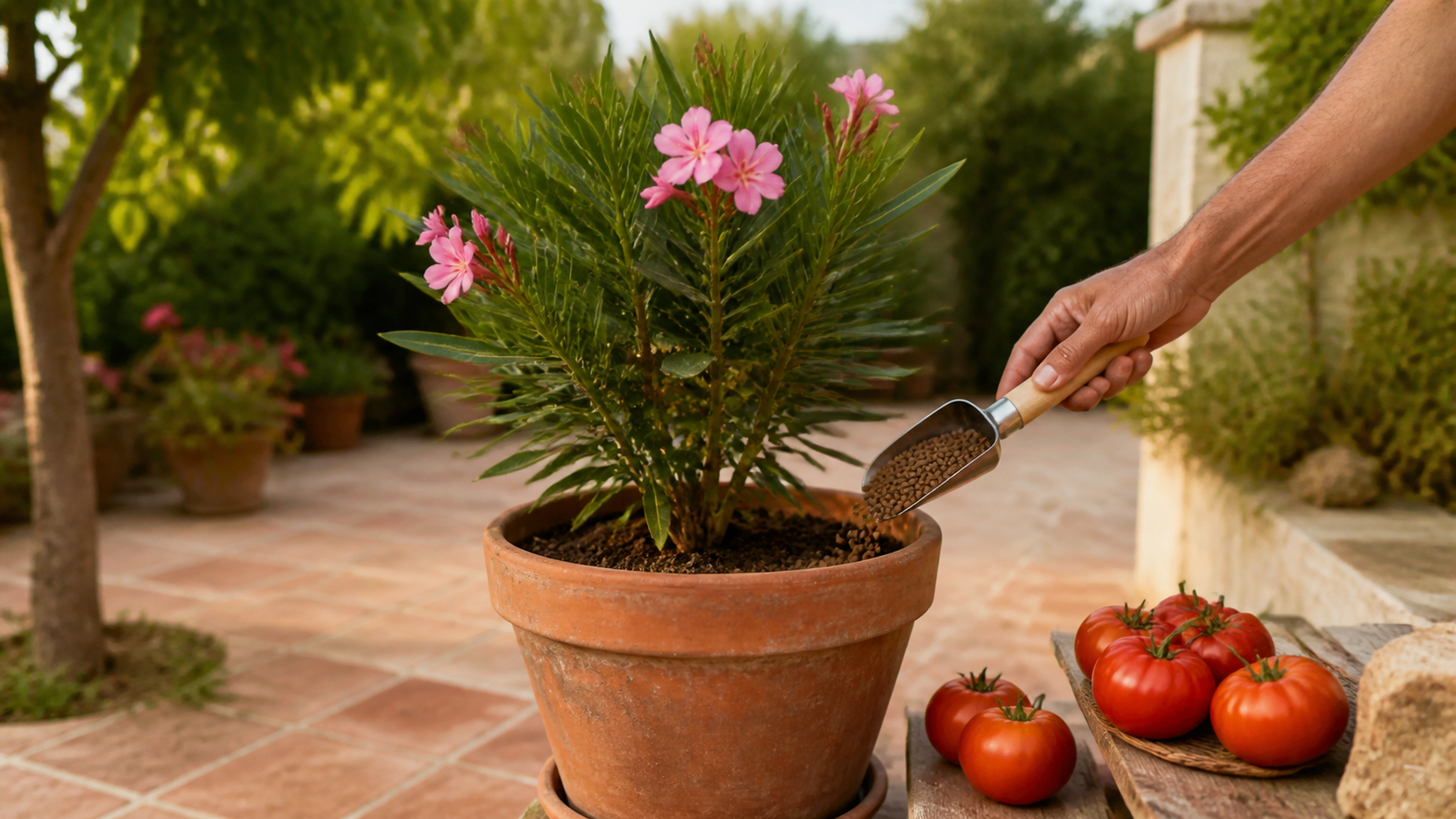 Illustration éditoriale pour l’article « Pourquoi utiliser l'engrais tomate pour votre laurier rose »