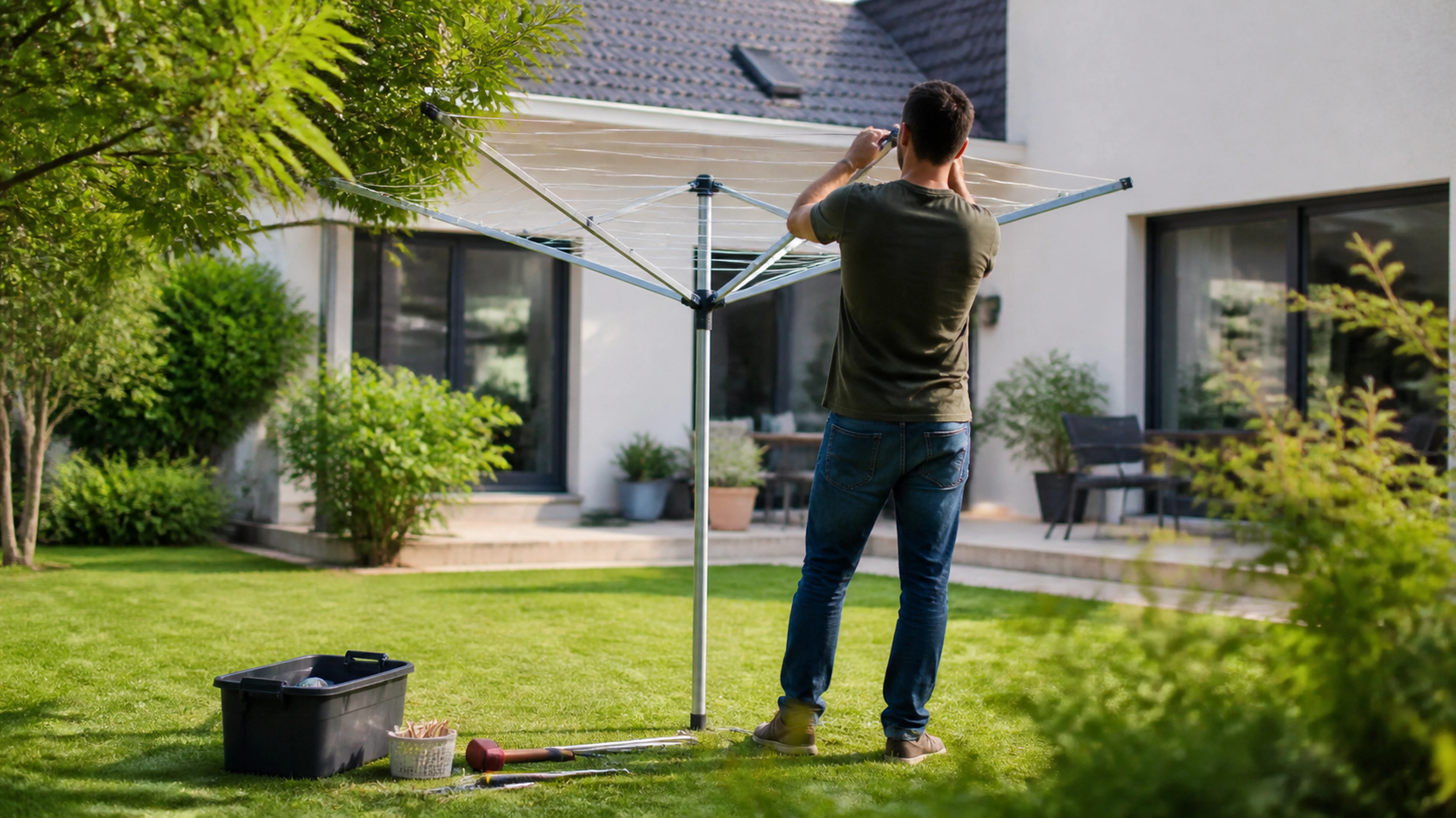 Illustration éditoriale pour l’article « Installer votre étendoir linge extérieur maison avec succès »