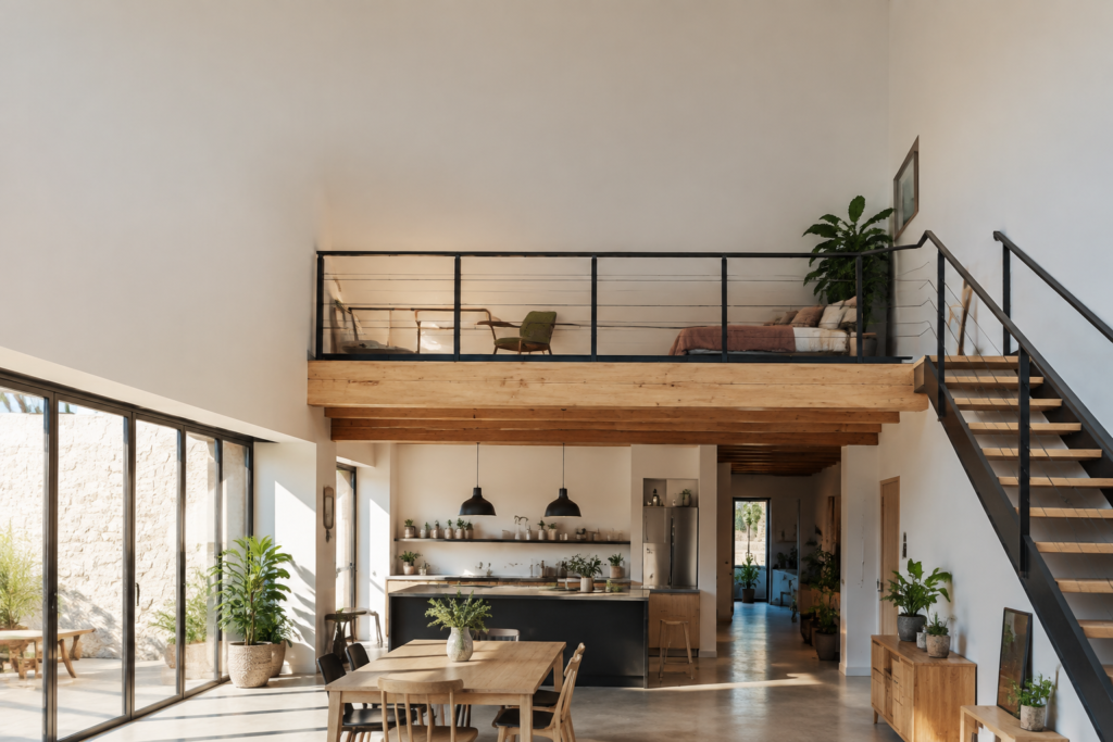 Pièce de vie avec un plafond haut et une mezzanine accessible par un escalier.