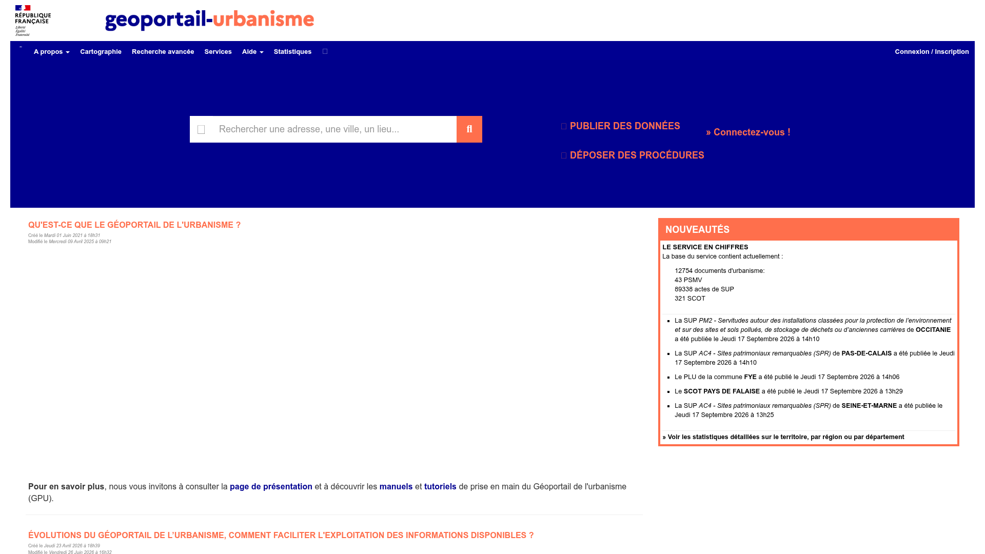 Capture d'écran du Géoportail de l'urbanisme, carte interactive des zones PLU