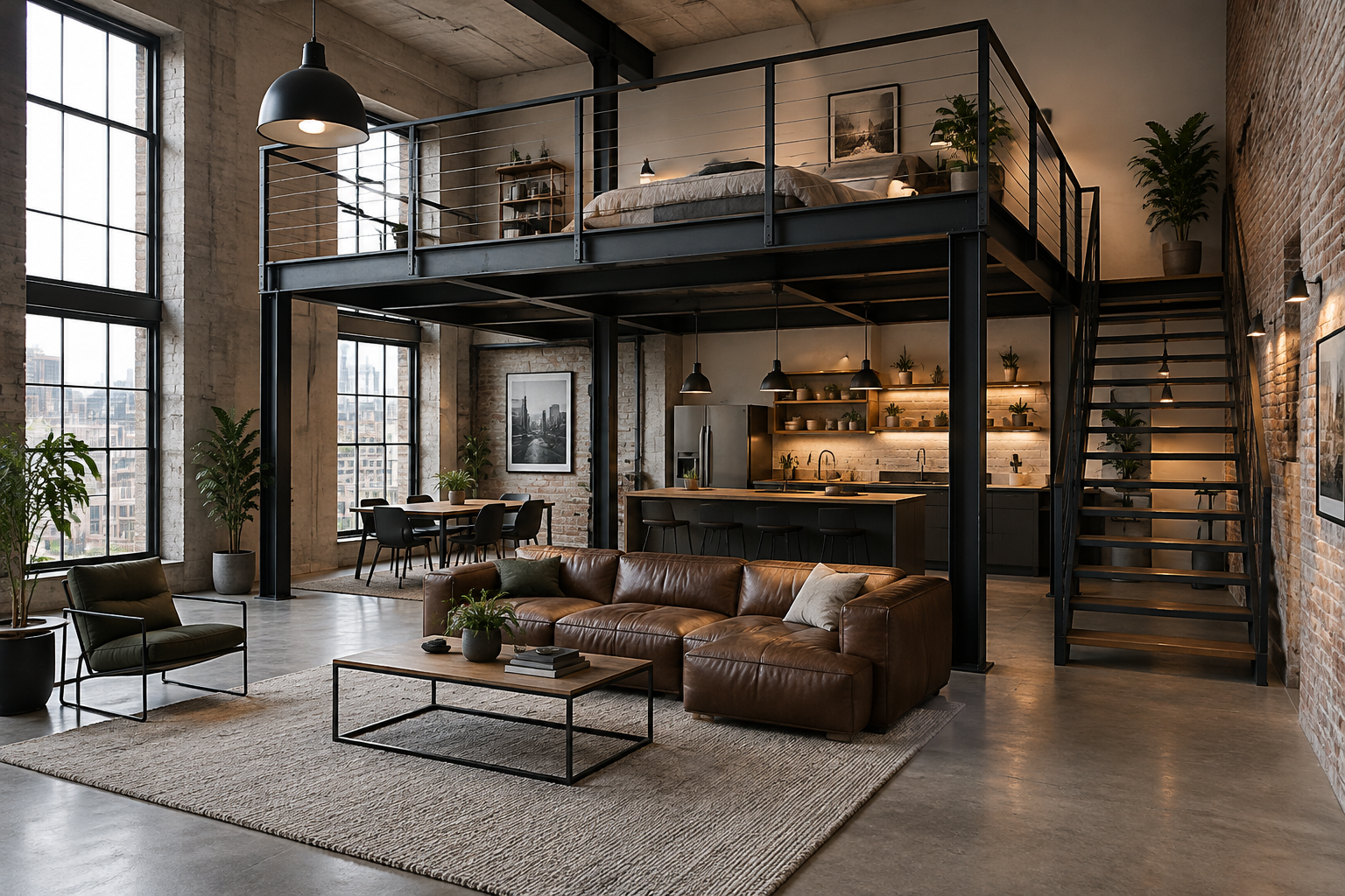 Une mezzanine autoportée dans un loft industriel.