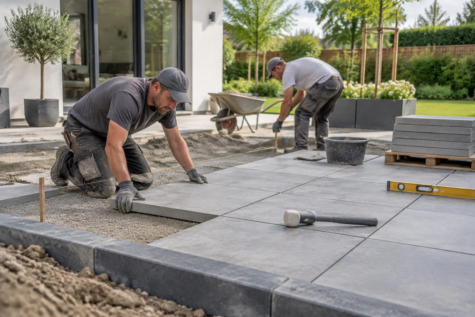 Ouvriers posant des dalles de terrasse dans un jardin en chantier