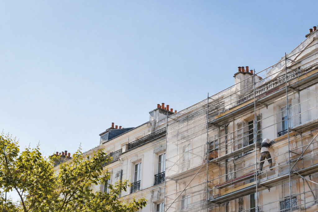 Un ouvrier travaille sur un échafaudage devant la façade en cours de rénovation d'un immeuble parisien classique.