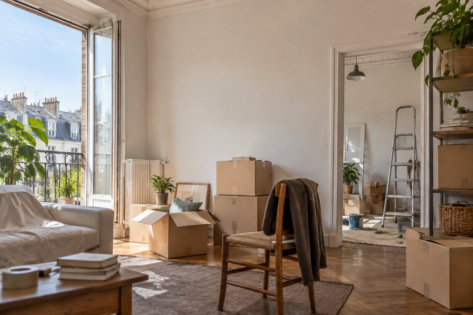 Salon lumineux à Paris avec des cartons de déménagement, une chaise et une vue sur les toits parisiens.