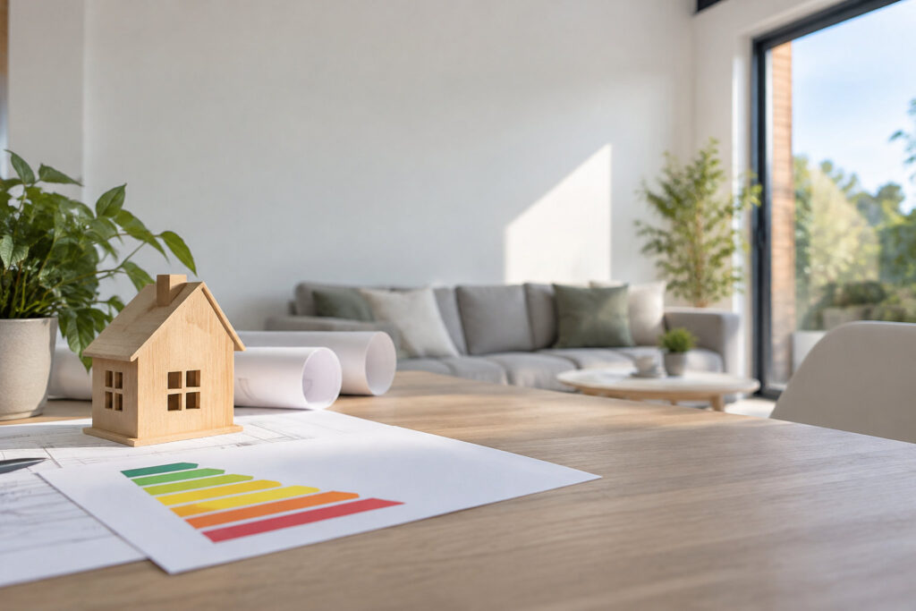 Maquette de maison en bois sur un document avec étiquette énergétique, posée sur une table devant un salon lumineux.