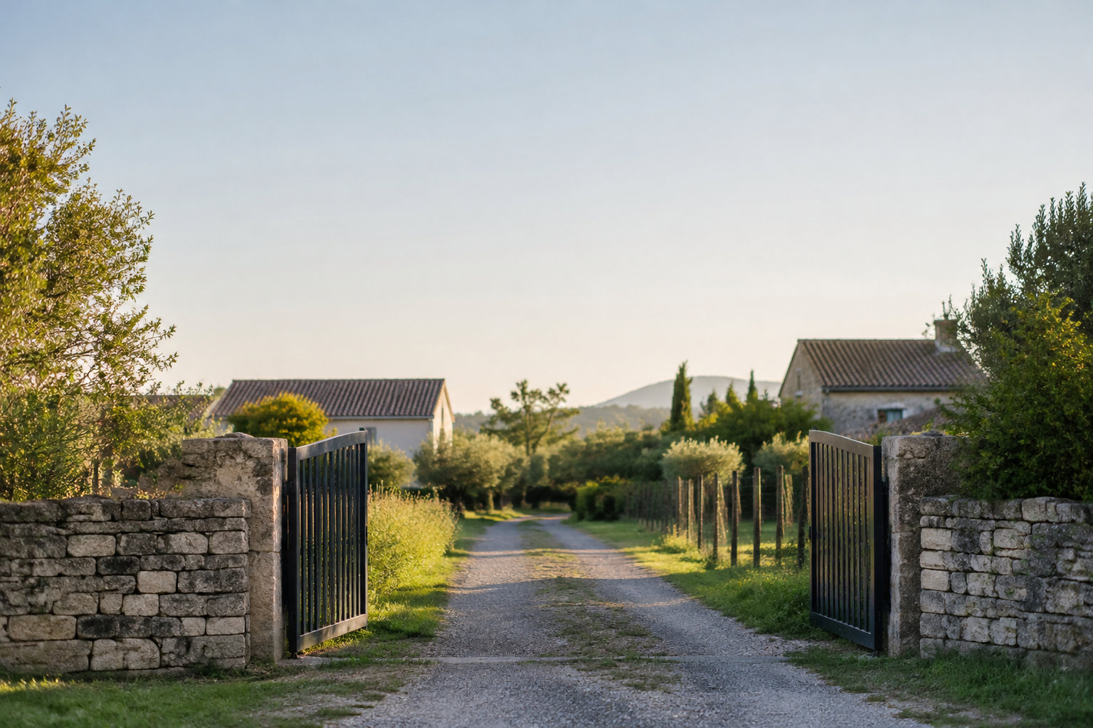 Portail ouvert en fer noir donnant sur une allée menant à des maisons en pierre dans la campagne.
