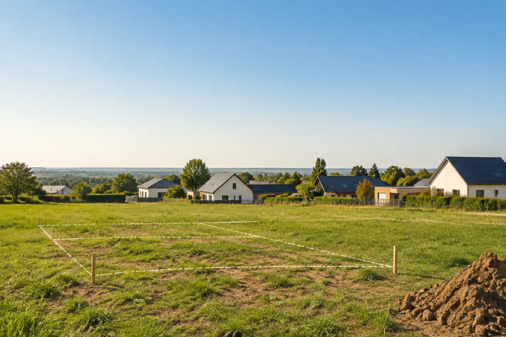 Un terrain herbeux avec un marquage au sol par des piquets et de la ficelle devant un quartier résidentiel.