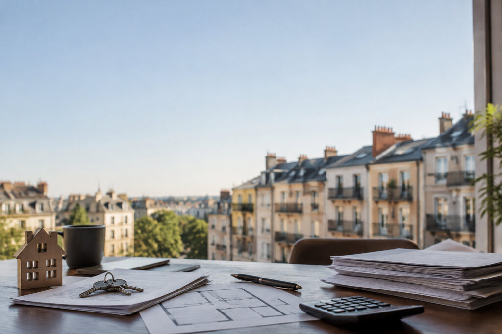 Bureau avec clés, documents immobiliers, calculatrice et maquette de maison devant une vue sur des immeubles parisiens.