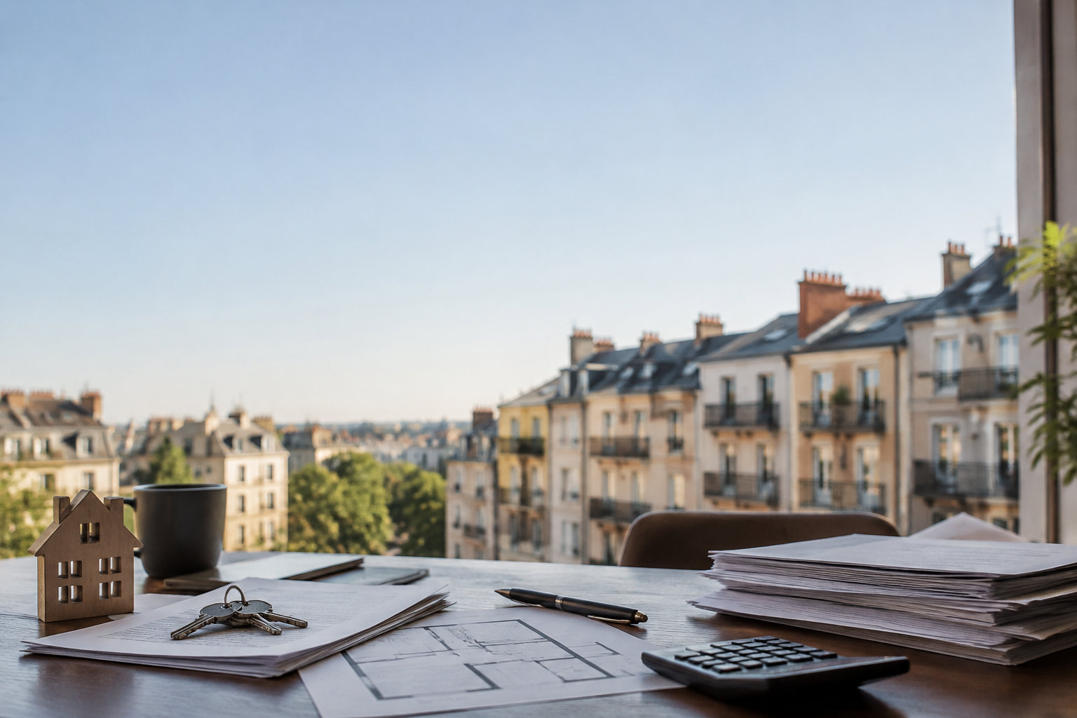 Bureau avec clés, documents immobiliers, calculatrice et maquette de maison devant une vue sur des immeubles parisiens.