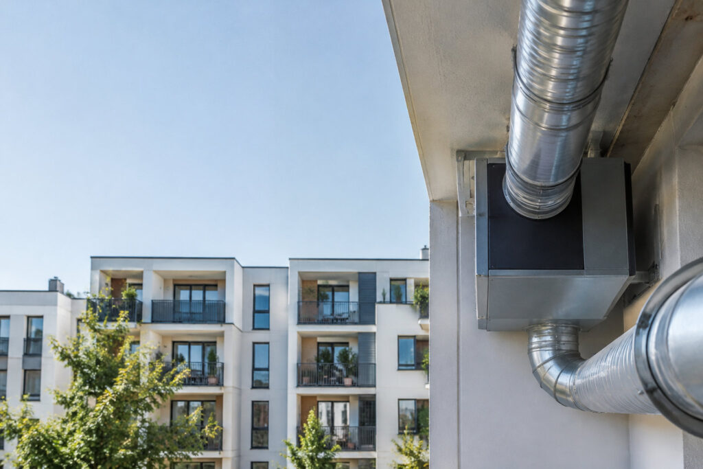 Conduits et boîtier de ventilation sur le mur extérieur d'un immeuble d'habitation moderne sous un ciel bleu.