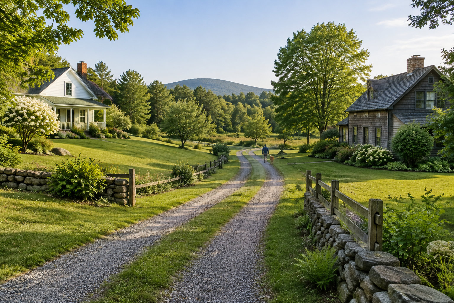 Un chemin de gravier traverse un paysage verdoyant entre deux maisons, tandis qu’une personne promène un chien au loin.