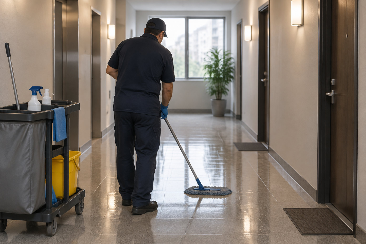 Un agent d’entretien passe la serpillière dans le couloir d’un immeuble, près d’un chariot de nettoyage.
