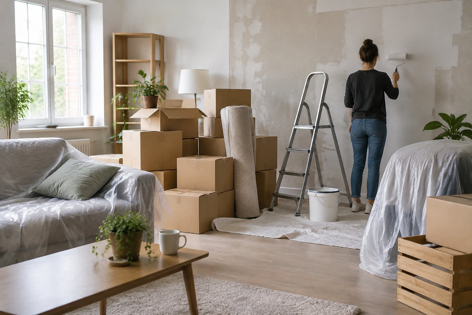 Une femme peint un mur au rouleau dans un salon en rénovation, entouré de cartons, d’un escabeau et de meubles protégés par des bâches.