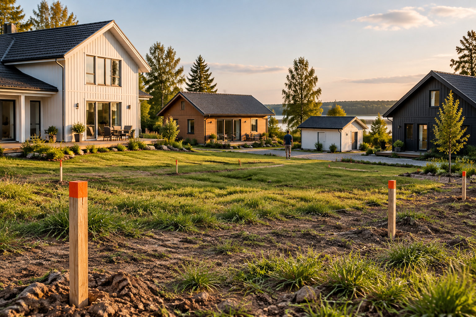 Des piquets orange délimitent un terrain de terre et d’herbe devant plusieurs maisons, tandis qu’une personne marche sur une allée au coucher du soleil.