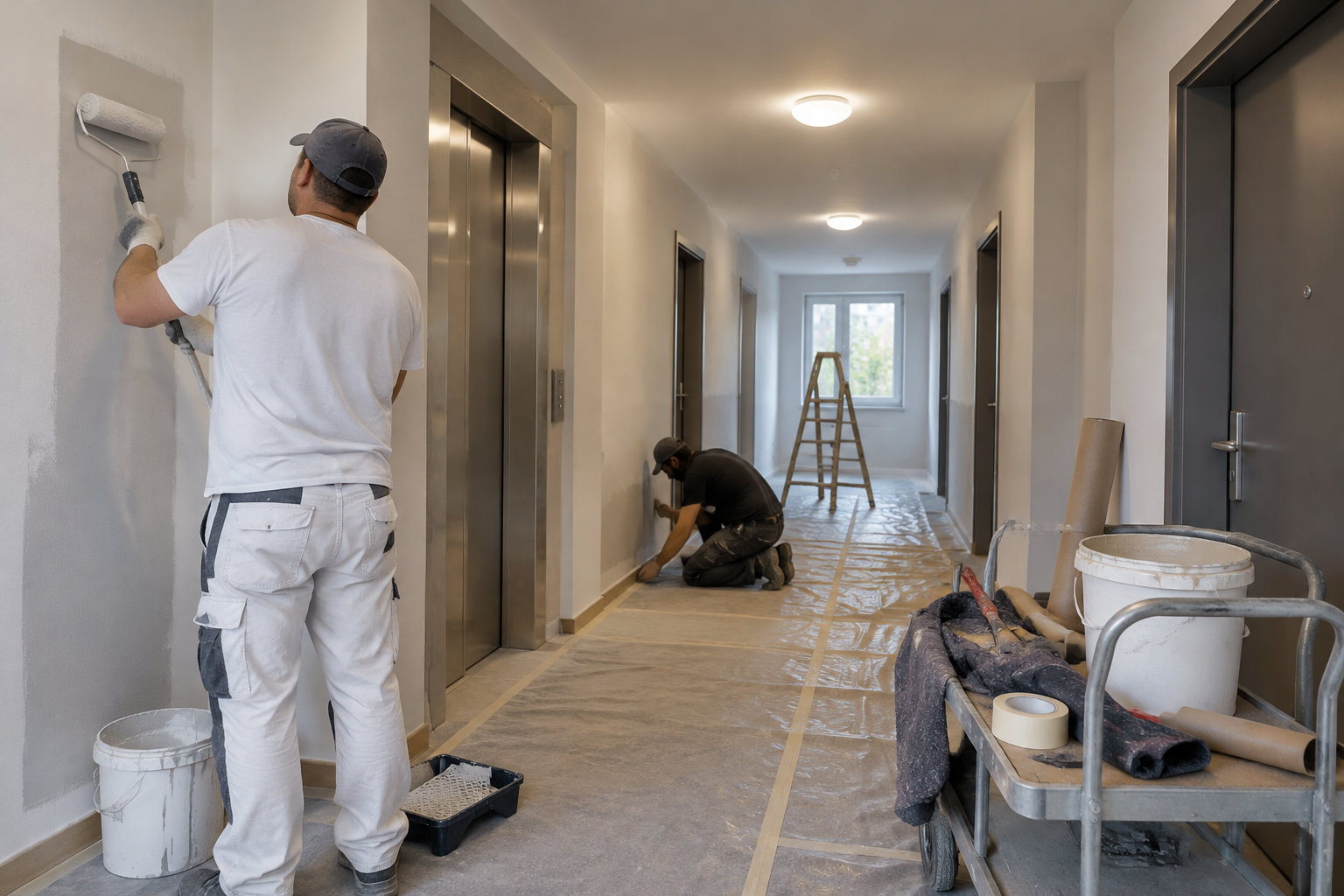 Deux ouvriers repeignent les murs d’un couloir protégé par des bâches, avec un escabeau et un chariot de matériel à proximité.