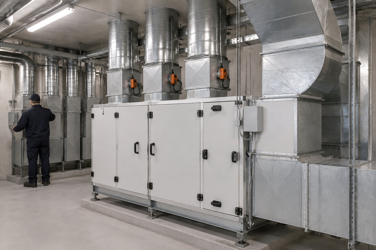 Un technicien examine des conduits de ventilation métalliques dans un local industriel équipé d’une grande unité de traitement d’air.