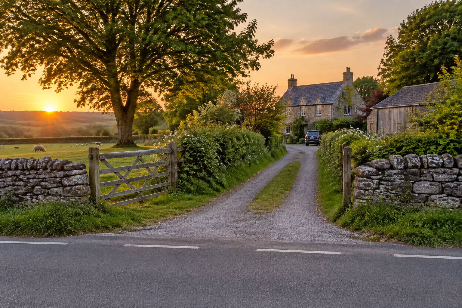 Une allée traverse un portail en bois entre des murets de pierre et mène à une maison de campagne, tandis que le soleil se couche sur un pré où paissent des moutons.