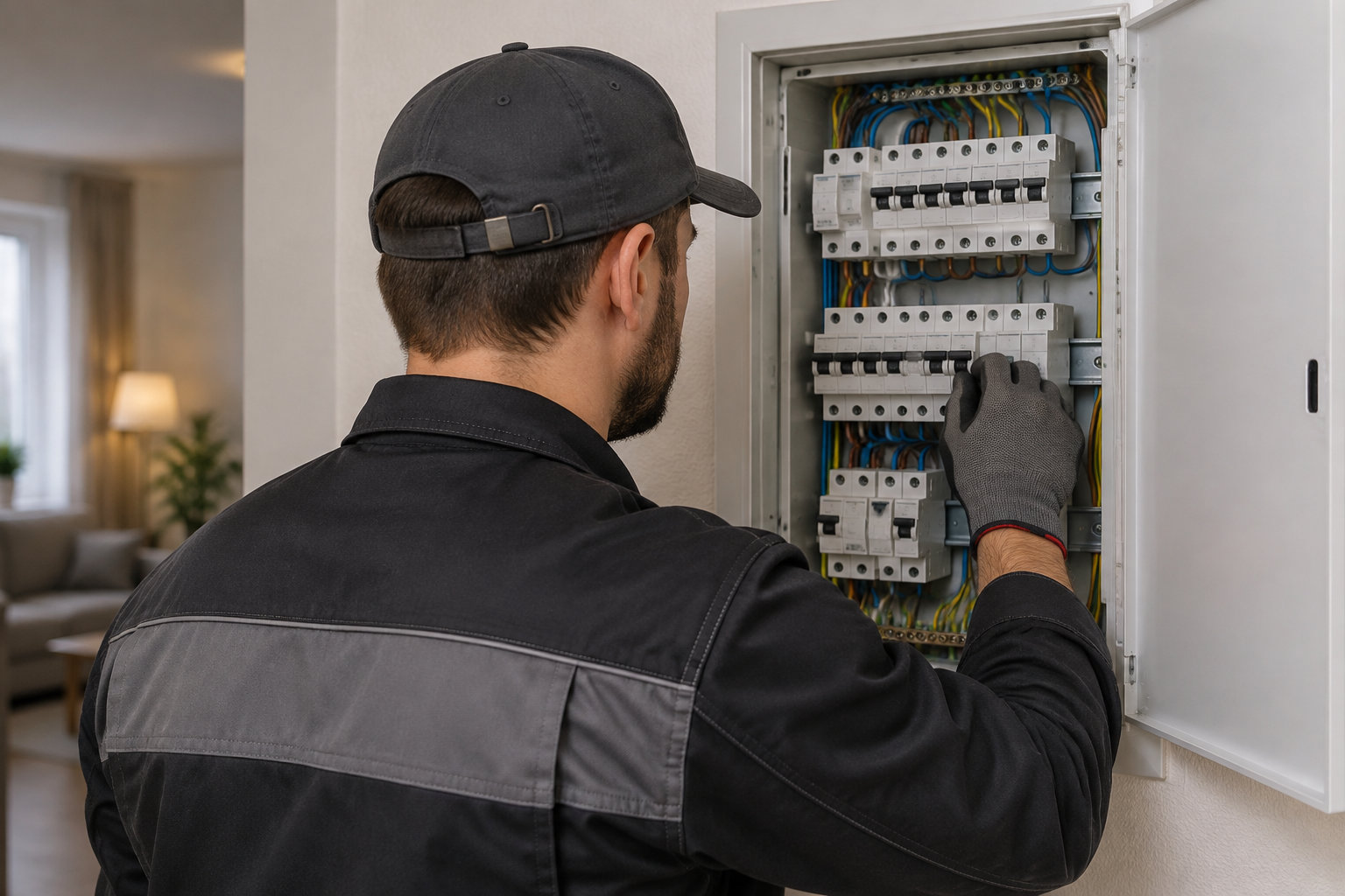 Un électricien en tenue de travail manipule les disjoncteurs d’un tableau électrique ouvert dans une habitation.