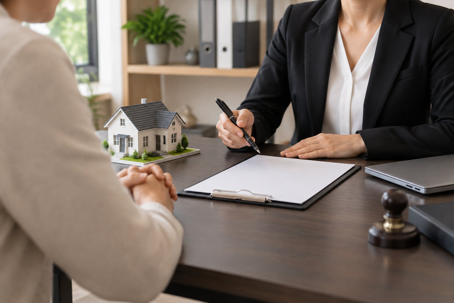 Une personne en tailleur noir tient un stylo au-dessus d’un document vierge, face à un client, avec une maquette de maison posée sur le bureau.