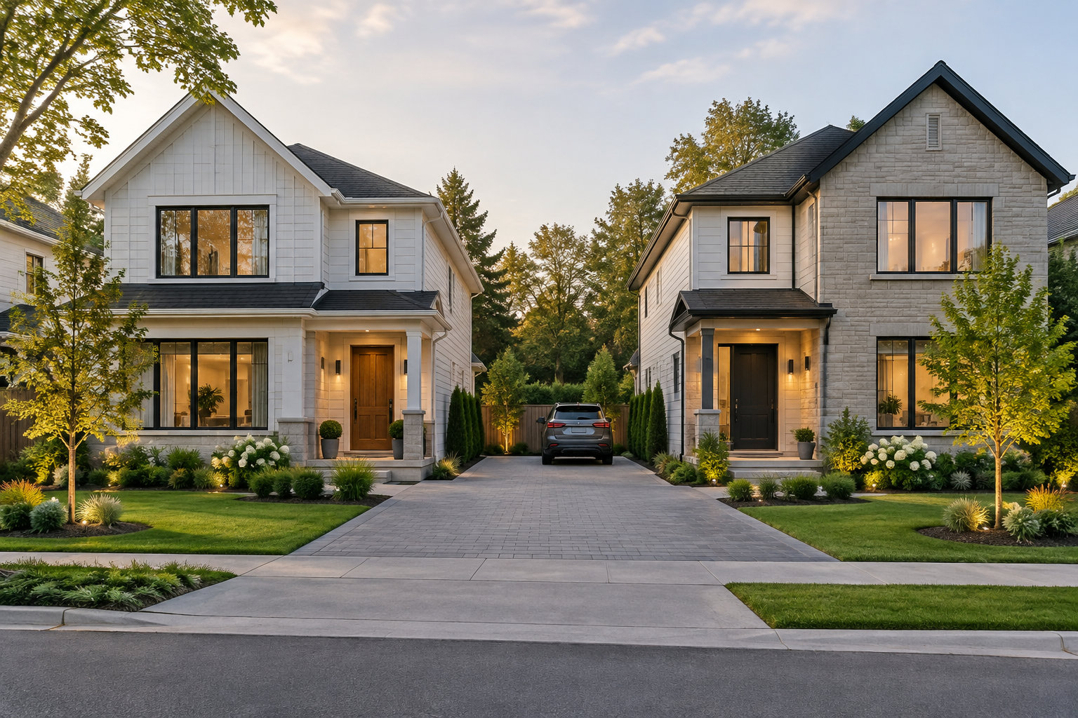 Deux maisons modernes aux façades claires bordent une allée où est garée une voiture, entourées de jardins paysagers au crépuscule.