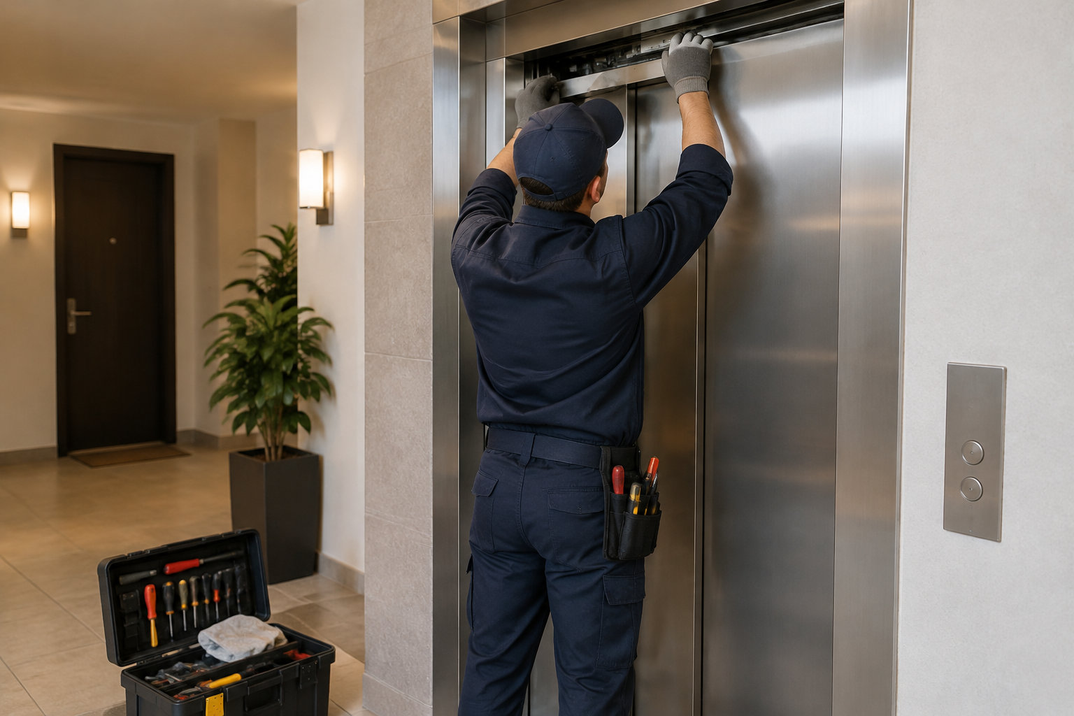 Un technicien en tenue de travail intervient sur le haut d’un ascenseur, près d’une boîte à outils ouverte dans un hall.