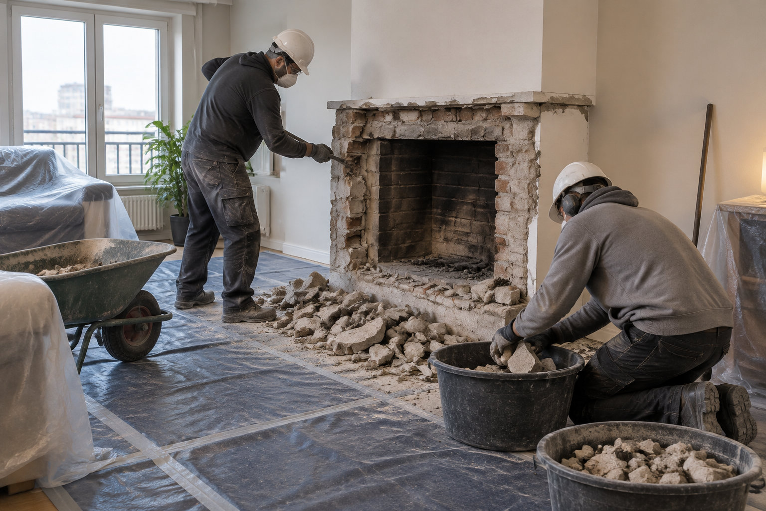 Deux ouvriers en casque et masque démolissent une cheminée dans un salon protégé par des bâches, tandis que des gravats s’accumulent dans des bacs et une brouette.