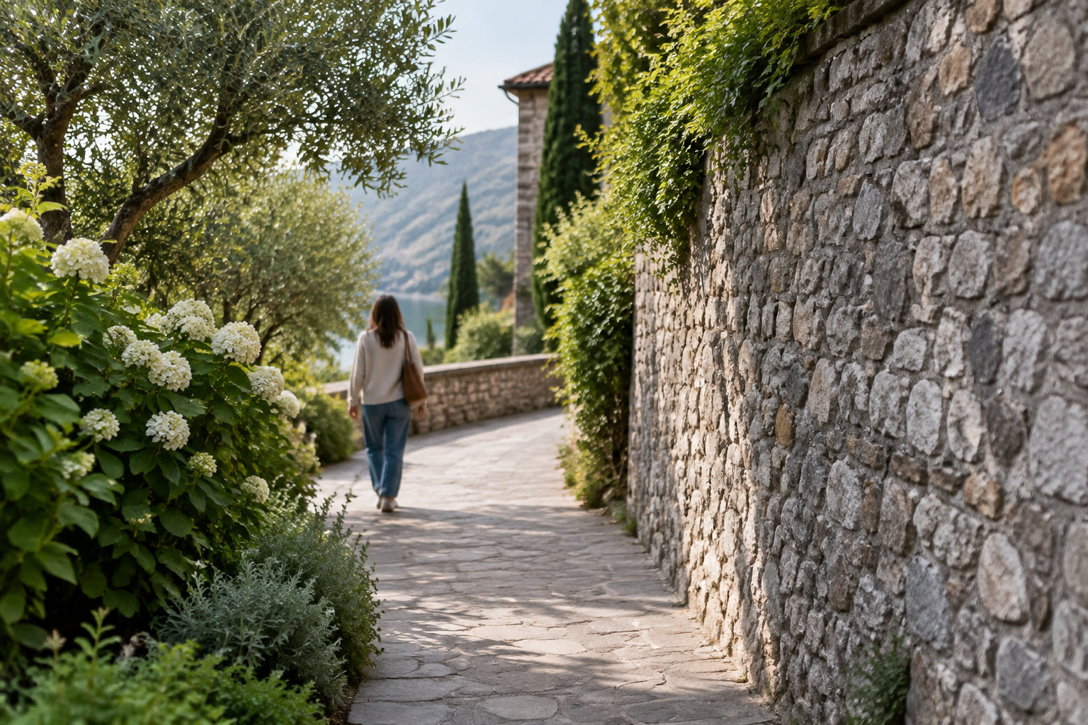 Une personne portant un sac à l’épaule marche sur un chemin pavé bordé d’un mur de pierre et de végétation, avec un lac et des montagnes au loin.