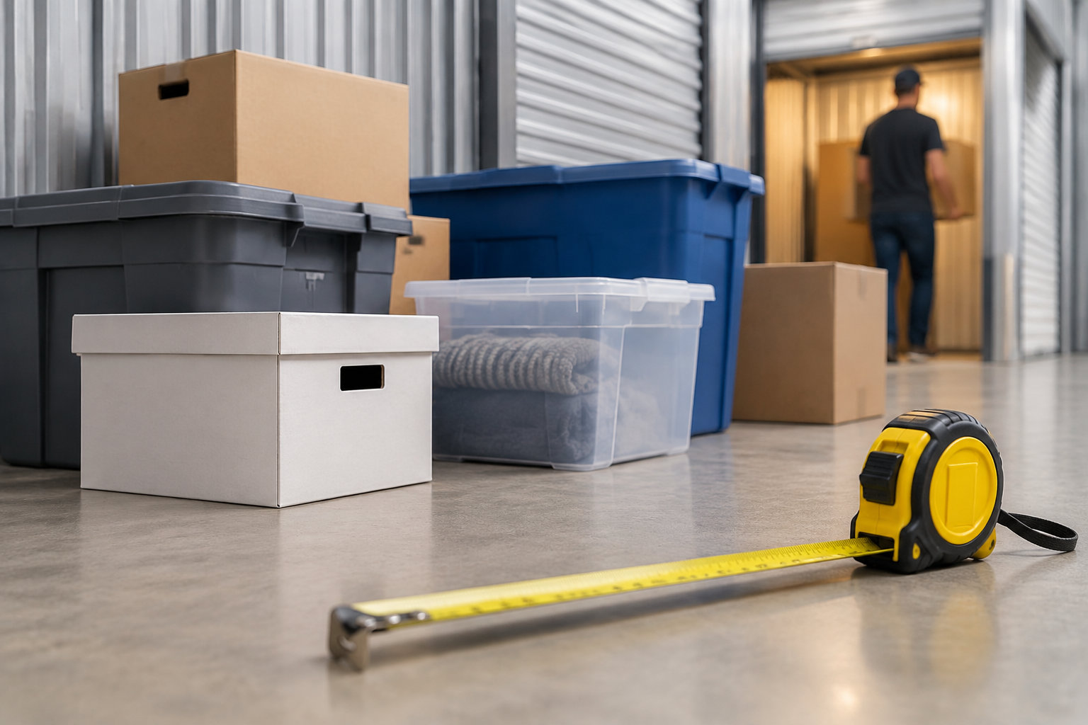 Un mètre ruban jaune est déroulé au premier plan devant des boîtes et des bacs de rangement, tandis qu’un homme transporte un carton dans un espace de stockage.