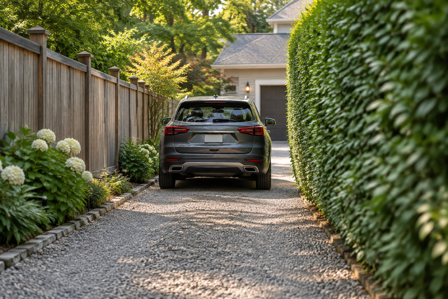 Un SUV gris est garé sur une allée de gravier bordée d’une clôture en bois, de haies et de fleurs, devant un garage.