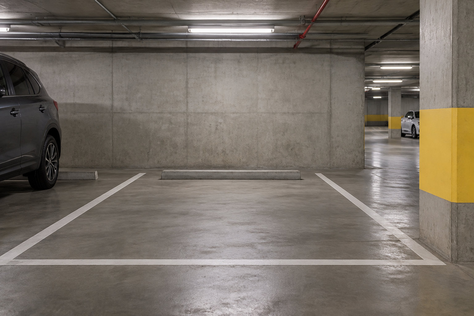 Une place de stationnement vide dans un parking souterrain, entre une voiture grise à gauche et un pilier marqué d’une bande jaune à droite.