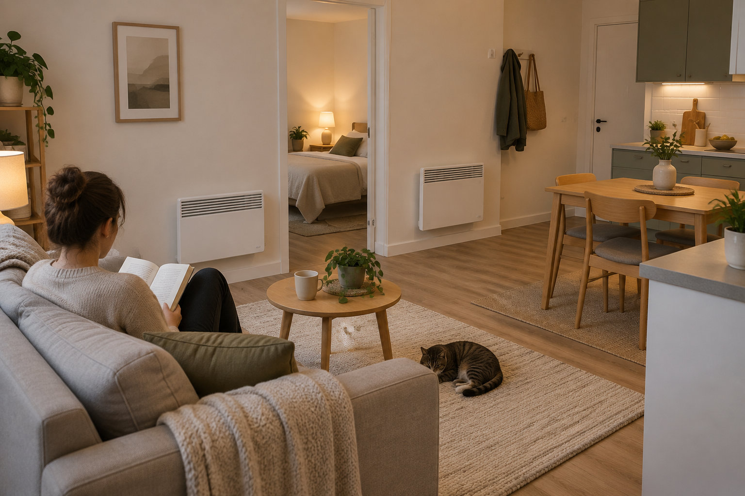 Une personne lit un livre sur un canapé dans un salon chaleureux, tandis qu’un chat se repose sur le tapis près d’une table basse.
