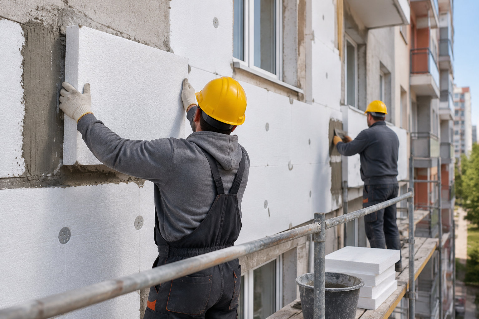 Deux ouvriers en casques jaunes fixent des panneaux isolants blancs sur la façade d’un immeuble, depuis un échafaudage.