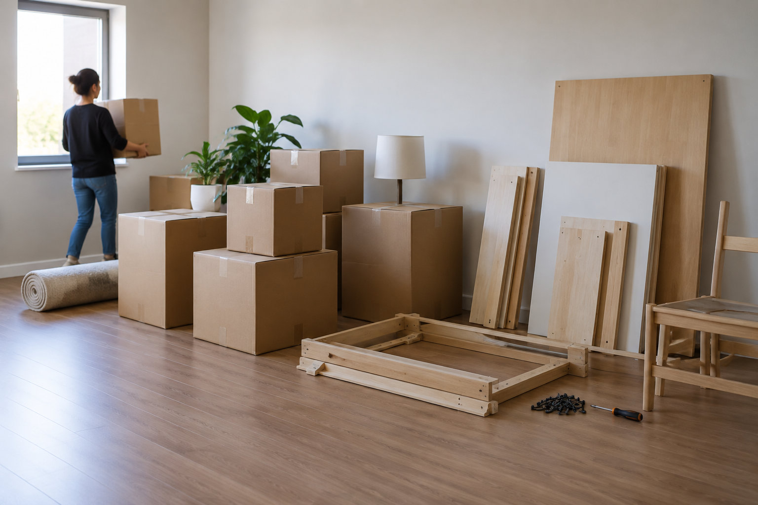 Une femme porte un carton dans une pièce remplie de cartons, de planches et d’éléments de meuble à assembler.