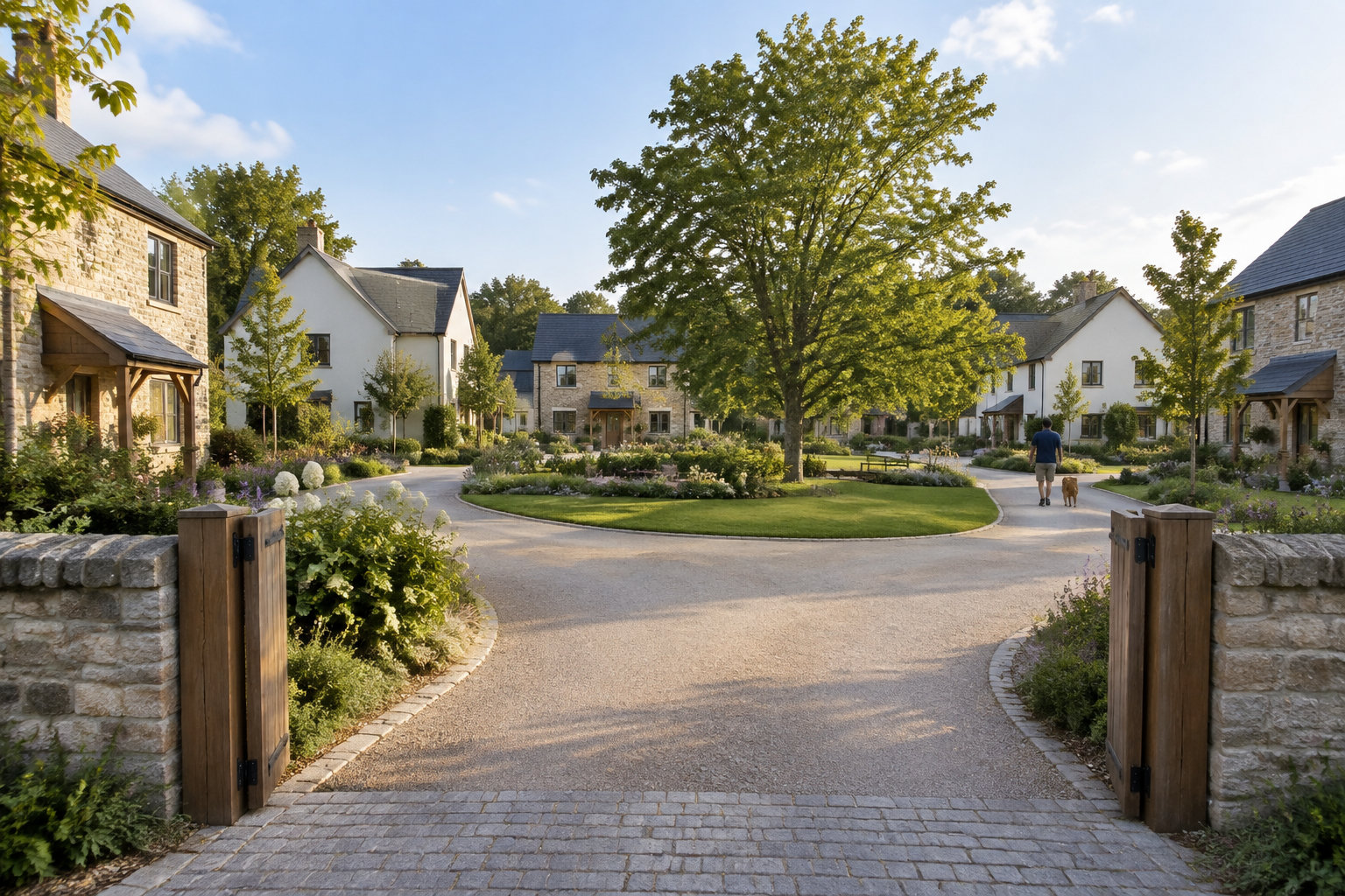 Une allée pavée traverse un ensemble de maisons en pierre et à façade claire, autour d’un jardin central arboré, tandis qu’un homme promène un chien.