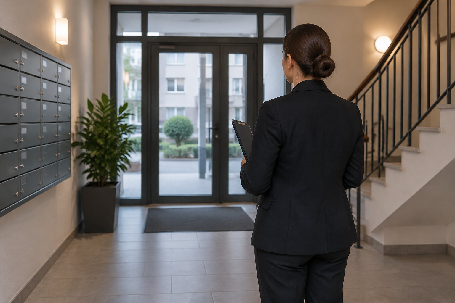 Une femme en tailleur tient un dossier dans le hall d’un immeuble, près de boîtes aux lettres et d’un escalier.