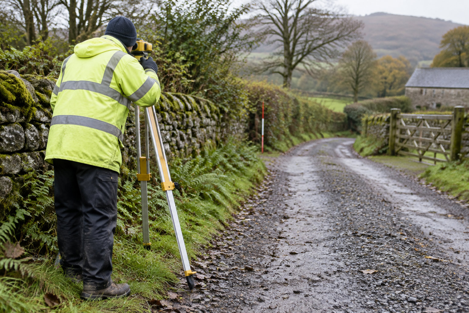 Un homme en veste haute visibilité utilise un appareil de mesure sur trépied au bord d’un chemin de campagne humide, bordé de murs en pierre et d’un portail en bois.