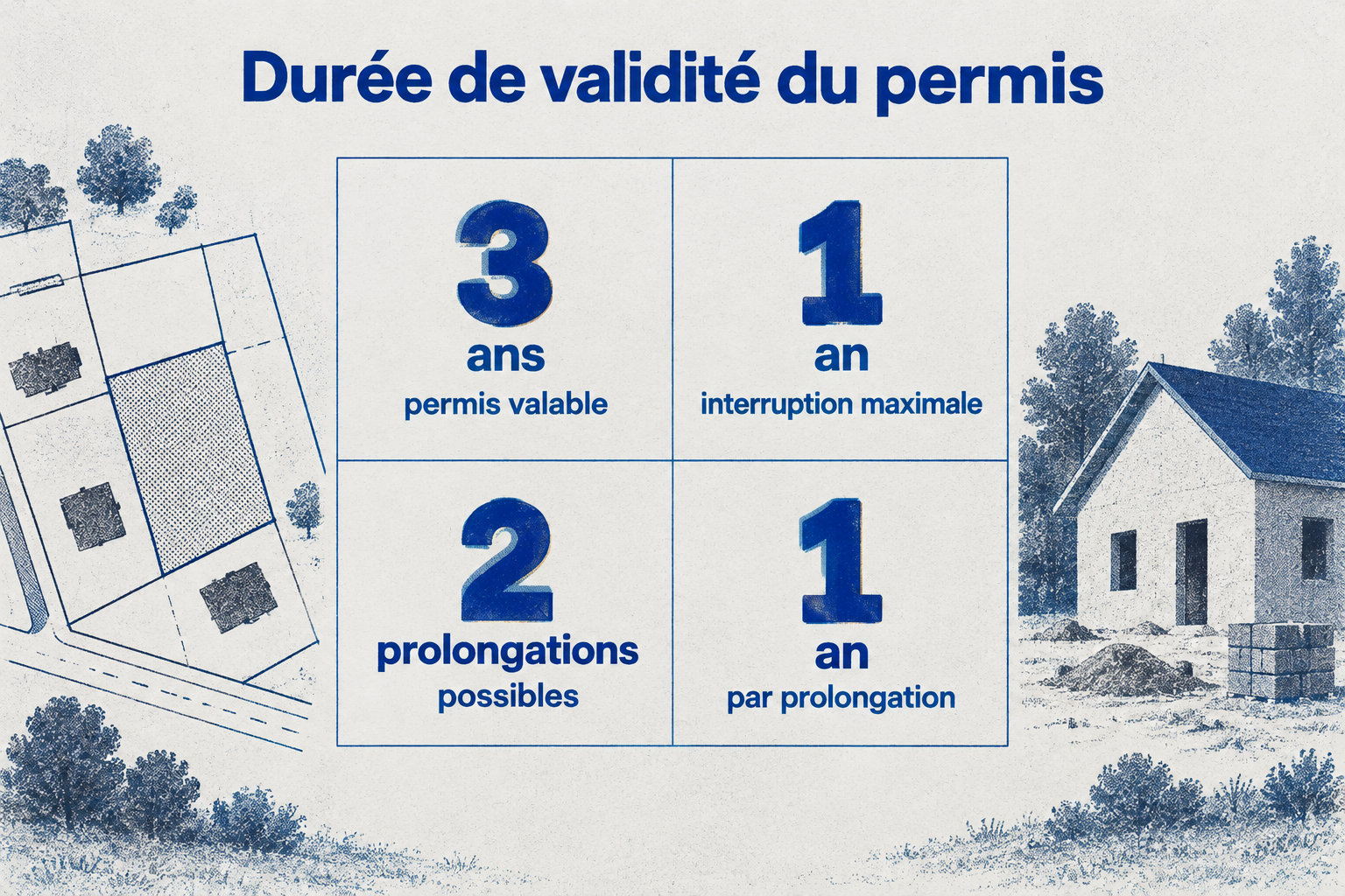 Le permis est valable trois ans ; les travaux ne peuvent pas être interrompus plus d’un an et deux prolongations d’un an chacune sont possibles.