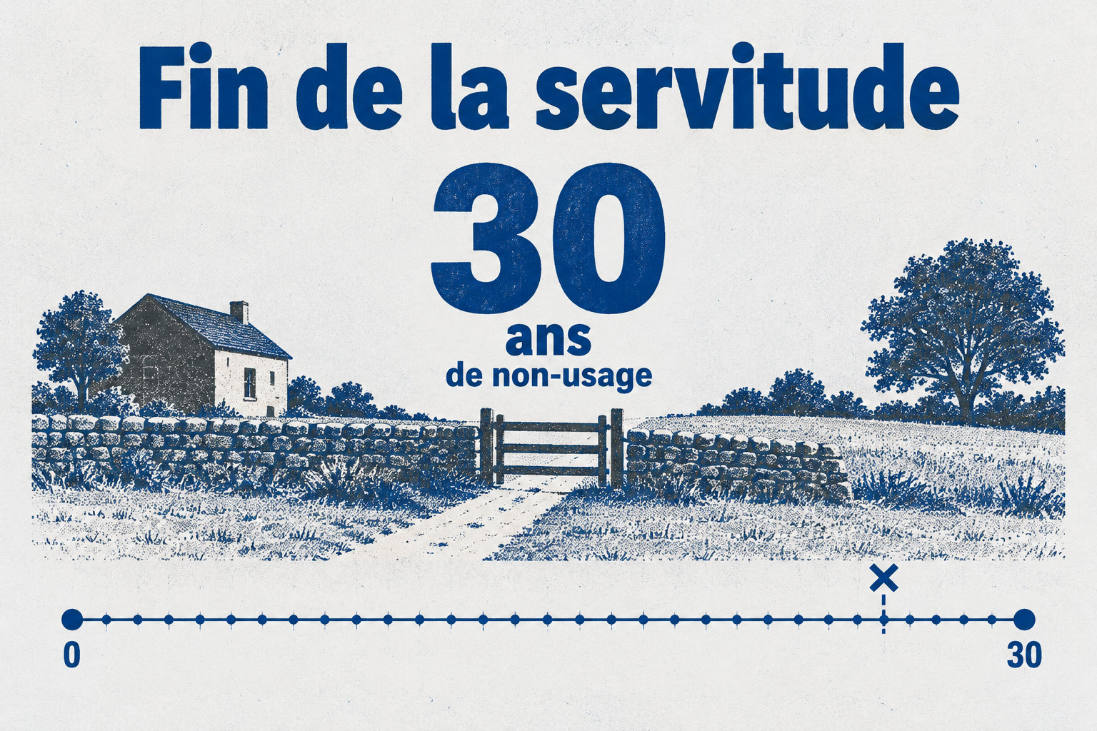 La frise indique que trente ans de non-usage peuvent entraîner l’extinction d’une servitude de passage, et qu’une reprise d’usage peut interrompre le délai.